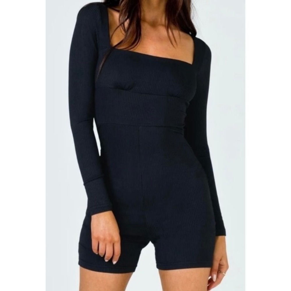 Princess Polly Black Size 2 Ribbed Long Sleeve Romper Square Neck Playsuit